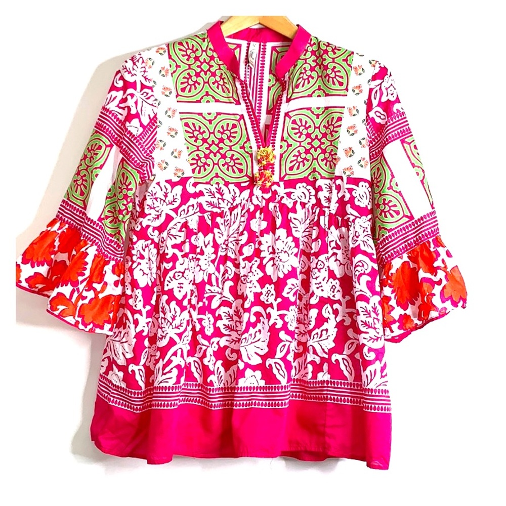 ETHNIC Floral Cotton Lightweight Tunic V-Neck Top